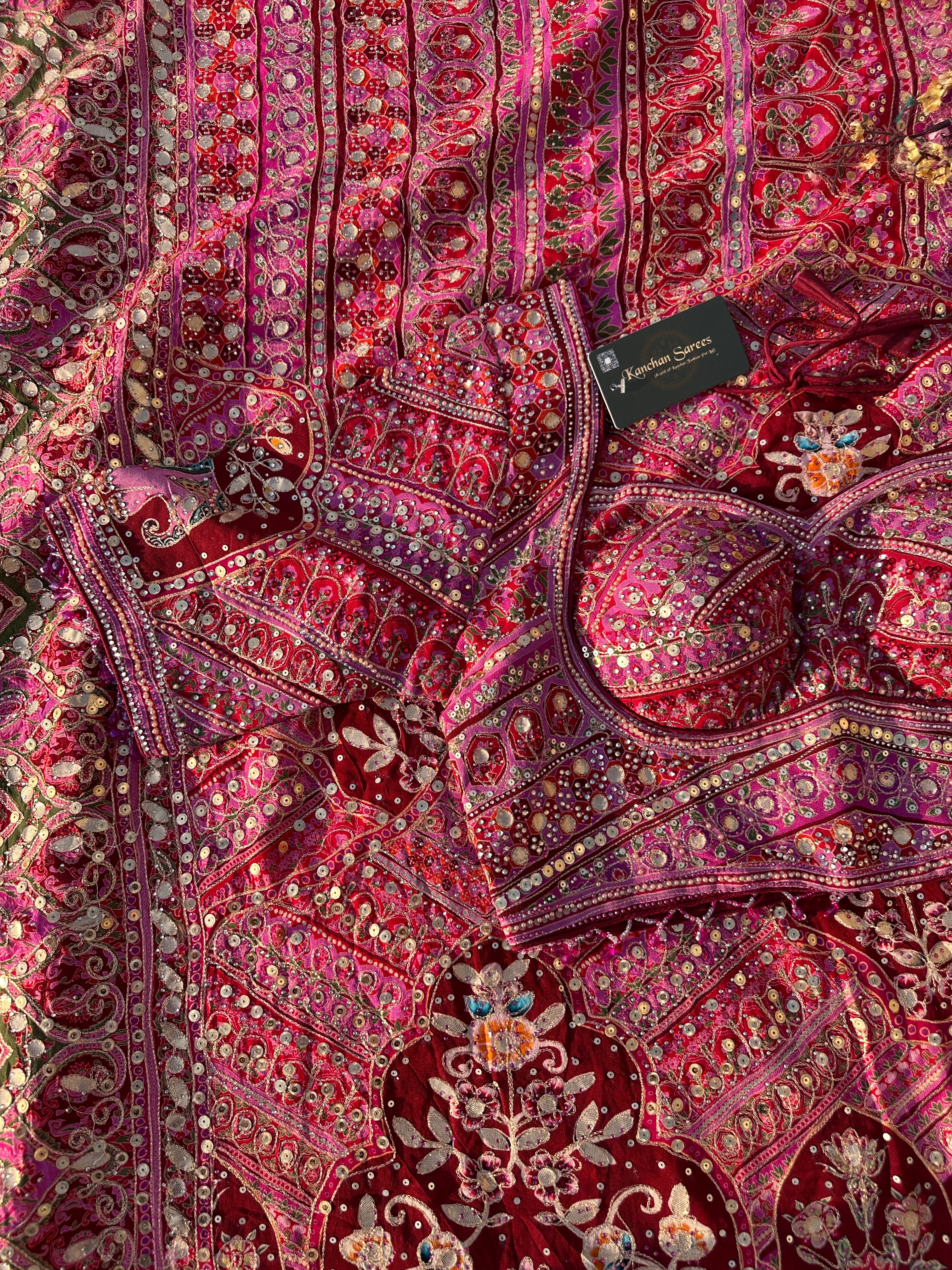 Mehroon Georgette Saree with Blouse with Sequins, Zari, Gota, Swarovski and Printed Embroidery 15